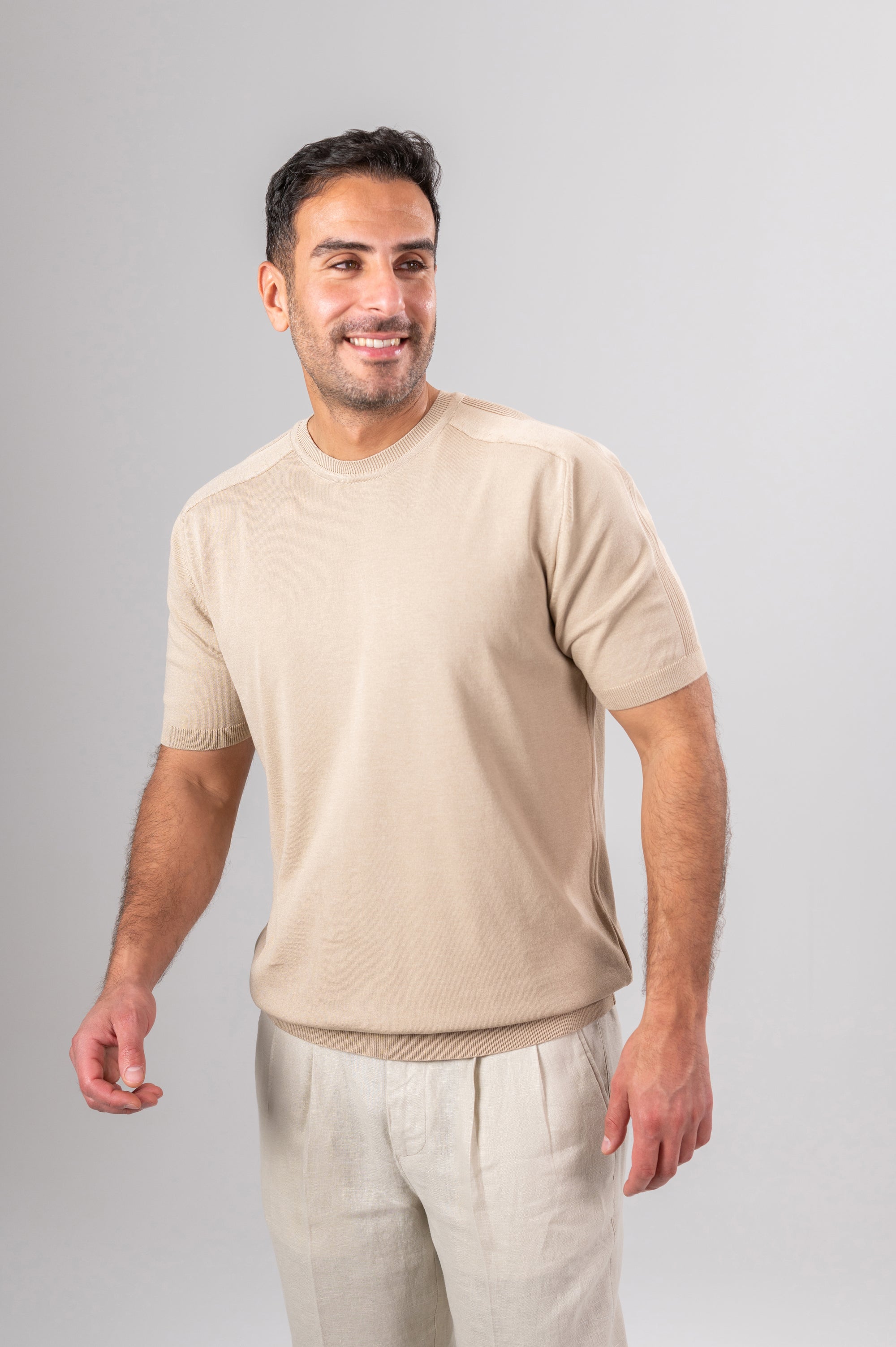 ZOLY STRIPPED SHOULDER POLO SHIRT - Beige