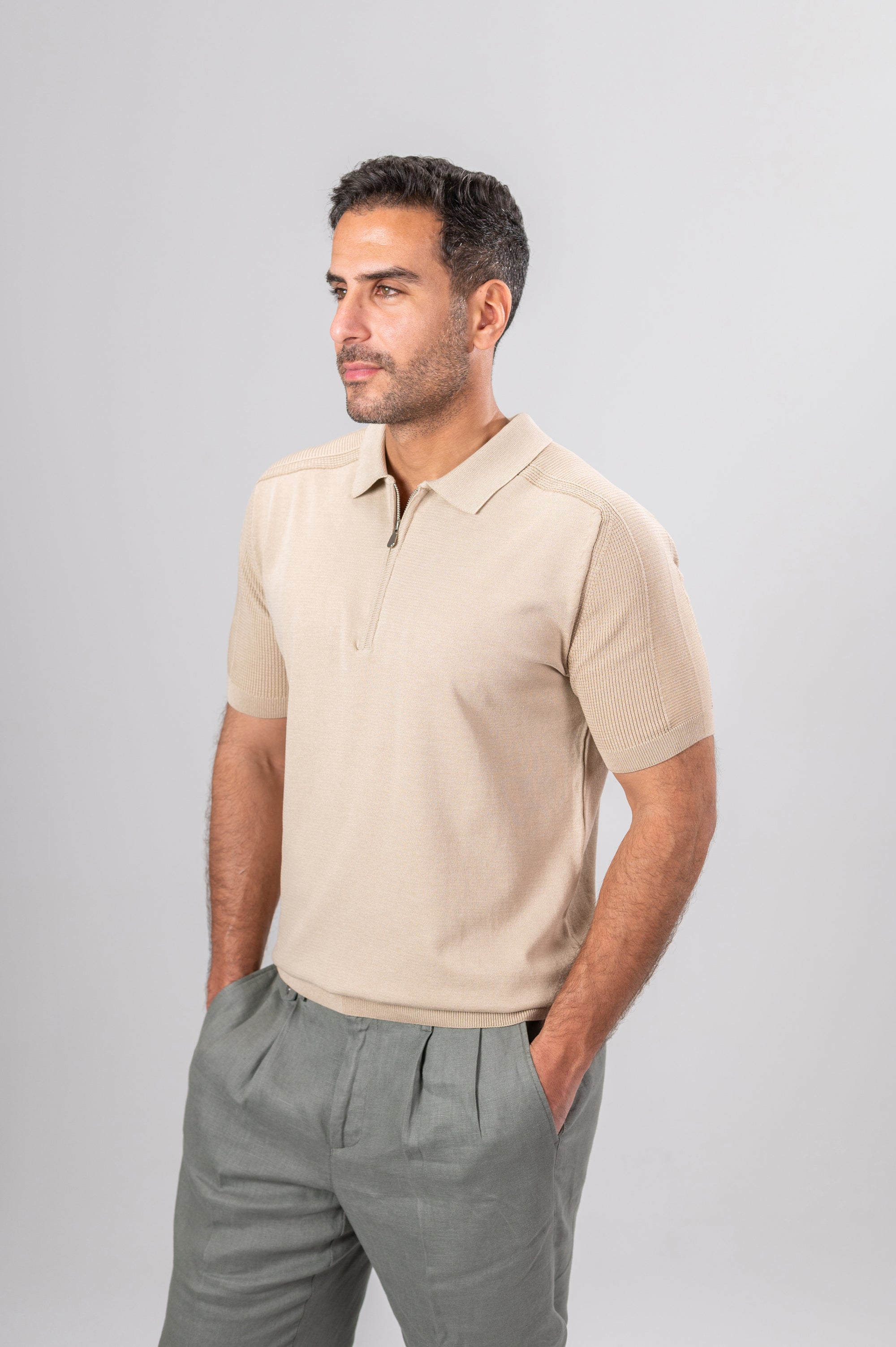 RICCARDO QUARTER ZIP - Light Beige