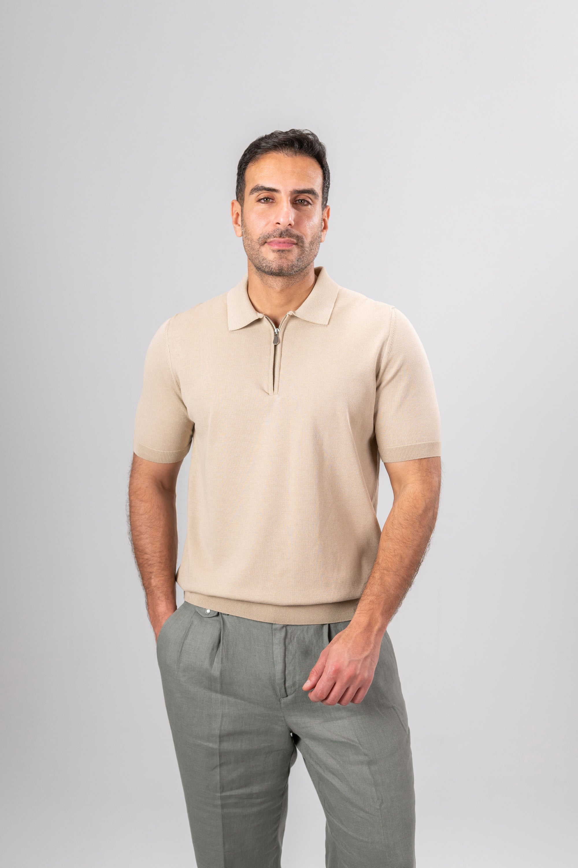 KENNY LOOSE ZIP SHIRT- Light Beige