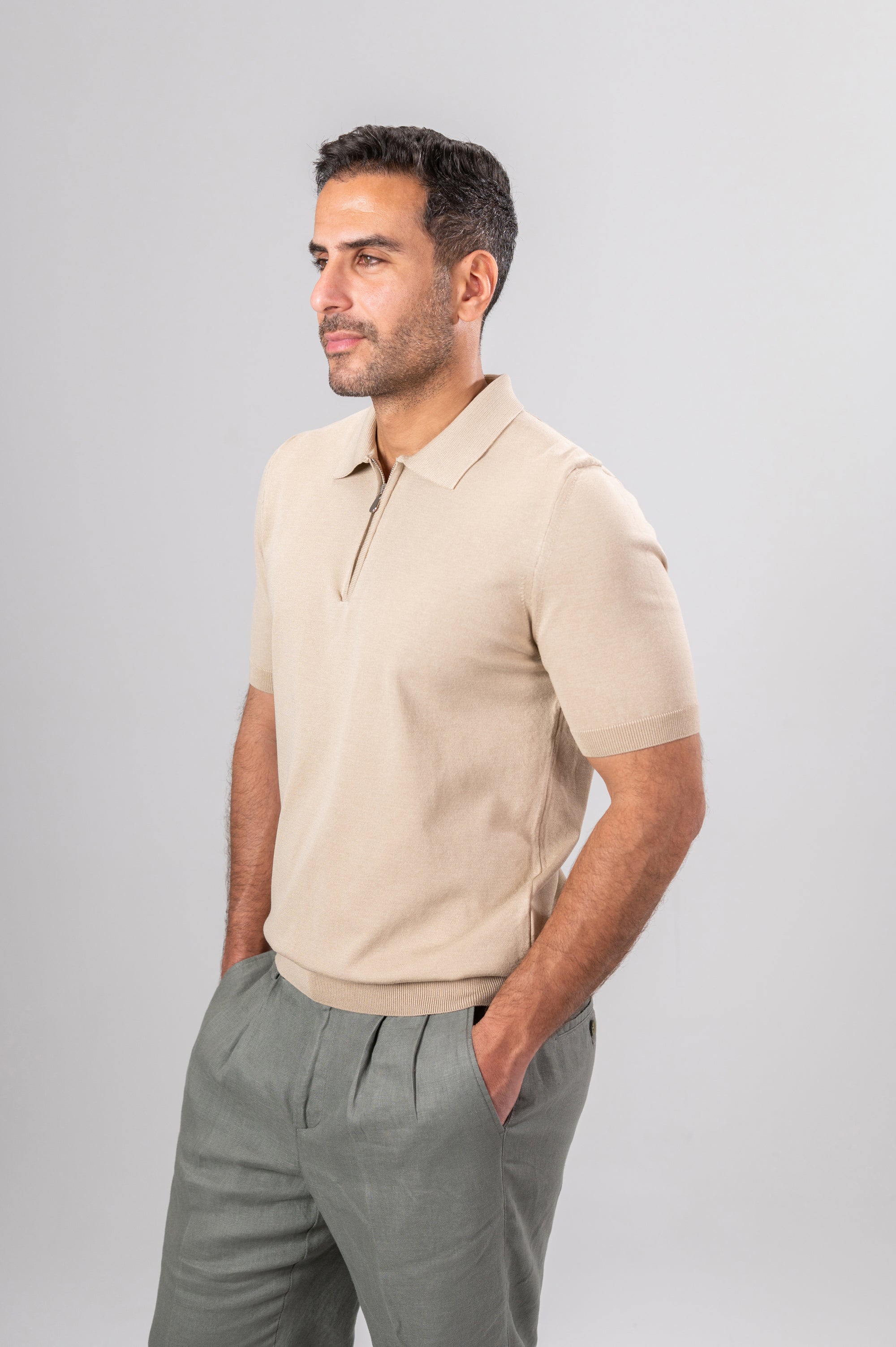 KENNY LOOSE ZIP SHIRT- Light Beige