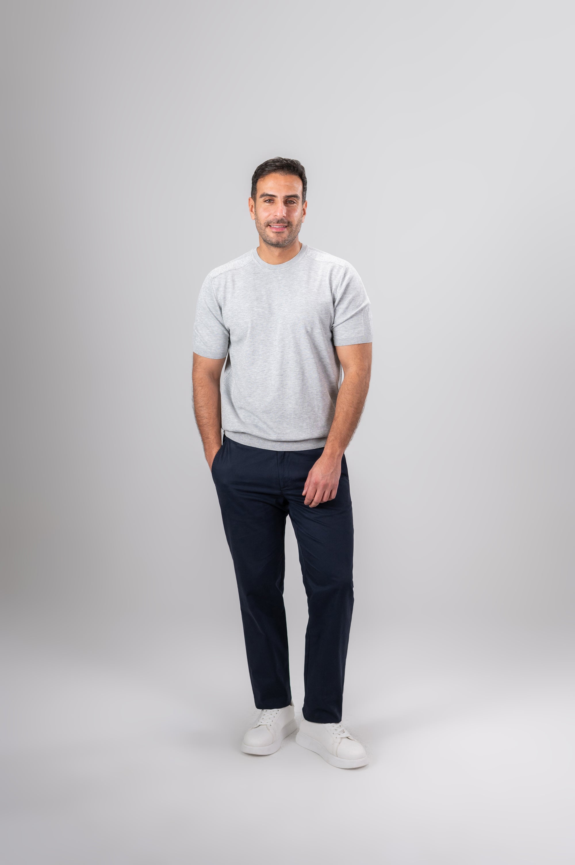 ZOLY STRIPPED SHOULDER POLO SHIRT - Grey