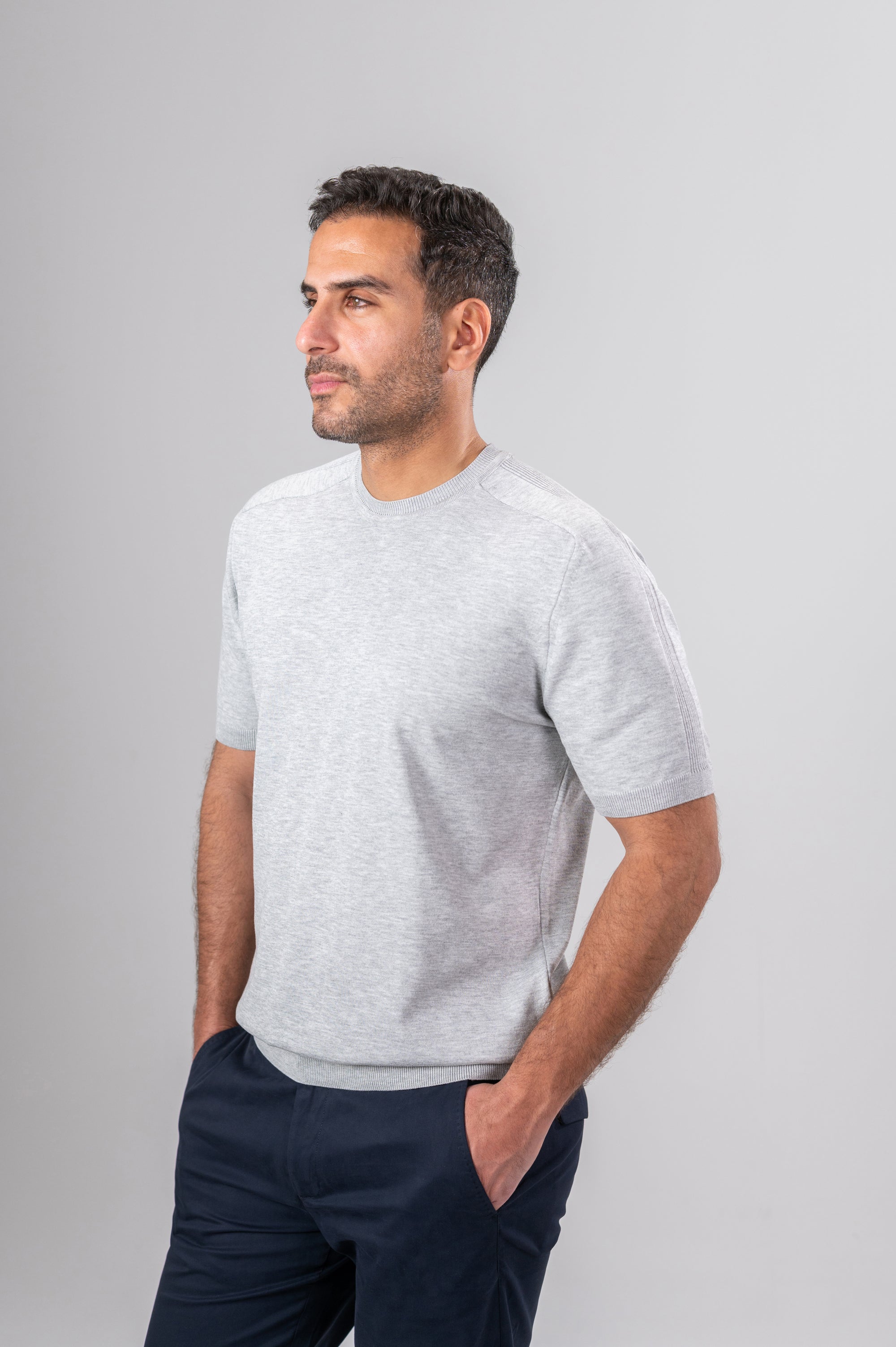 ZOLY STRIPPED SHOULDER POLO SHIRT - Grey